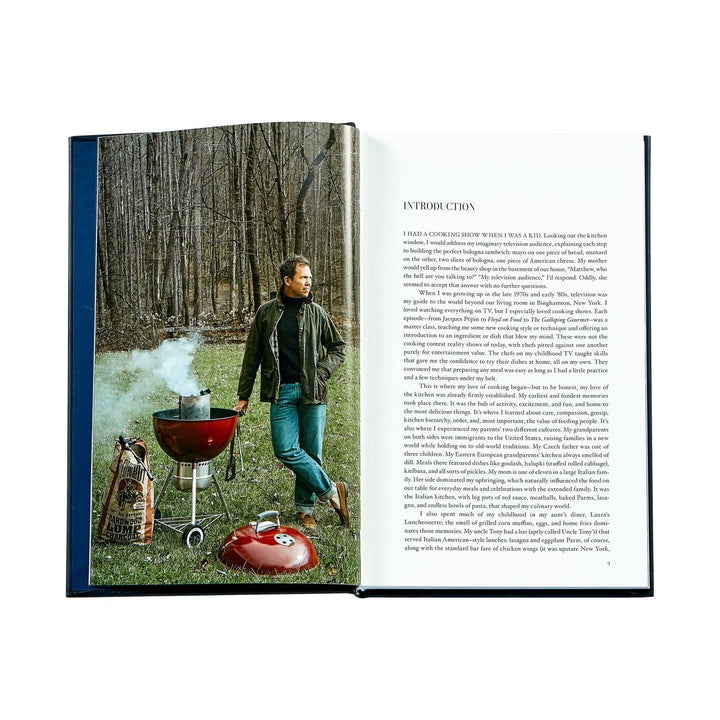 Open book with a photo of a man by a grill in a forest and text on a white background