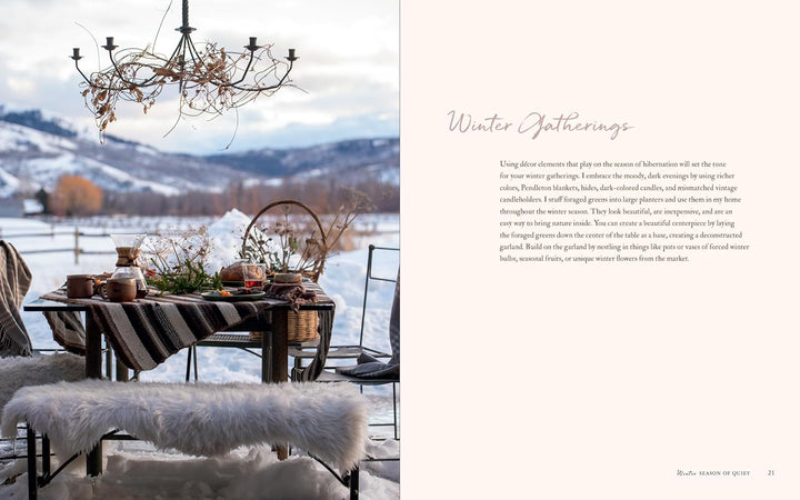 Winter gathering scene with a table set against a snowy landscape.