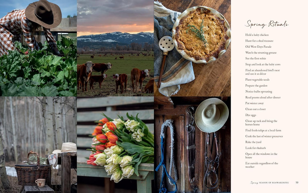 Collage of images including a farmer, animals, sunset over mountains, pie, and rustic elements with text on the right.