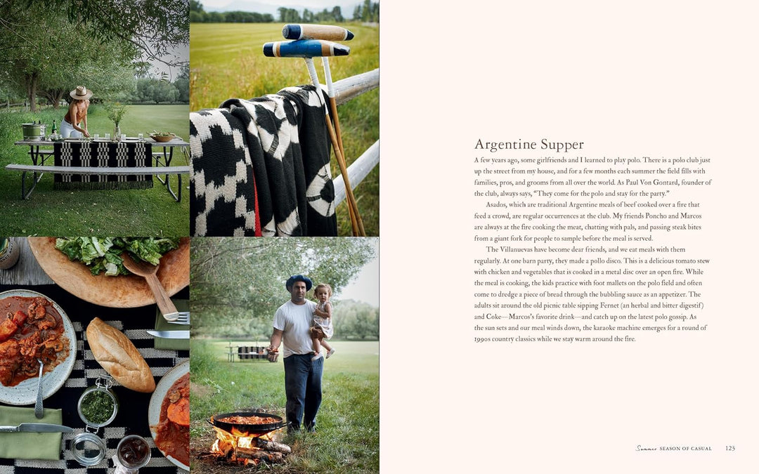 Outdoor picnic scene with food, people, and a blanket on a grassy field.