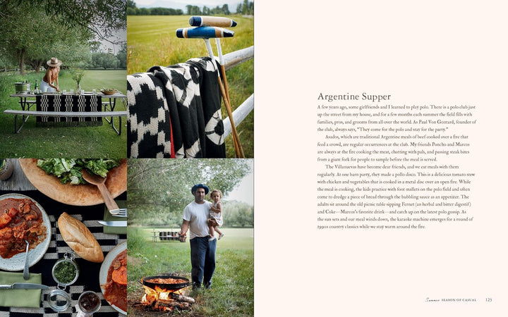 Outdoor picnic scene with food, people, and a blanket on a grassy field.