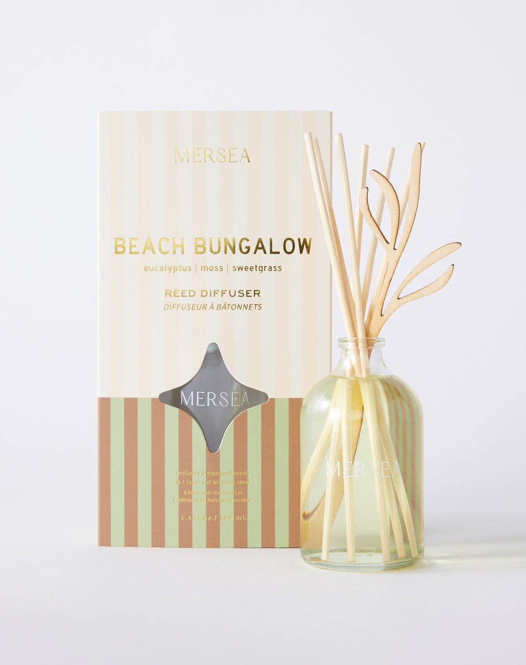 Mersea Beach Bungalow reed diffuser with packaging on a white background