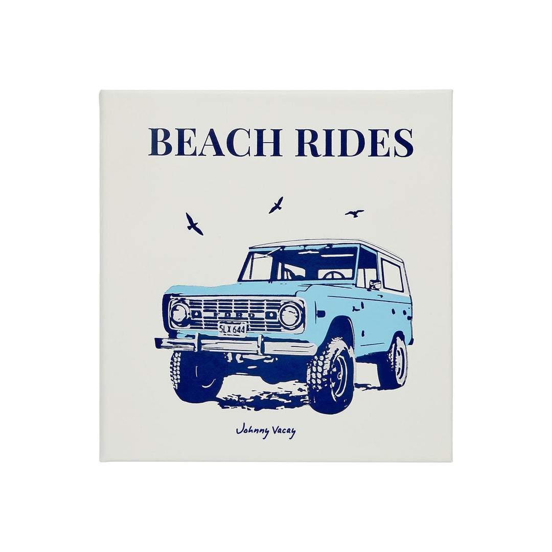 Canvas print with a blue vintage car illustration and 'Beach Rides' text on a white background