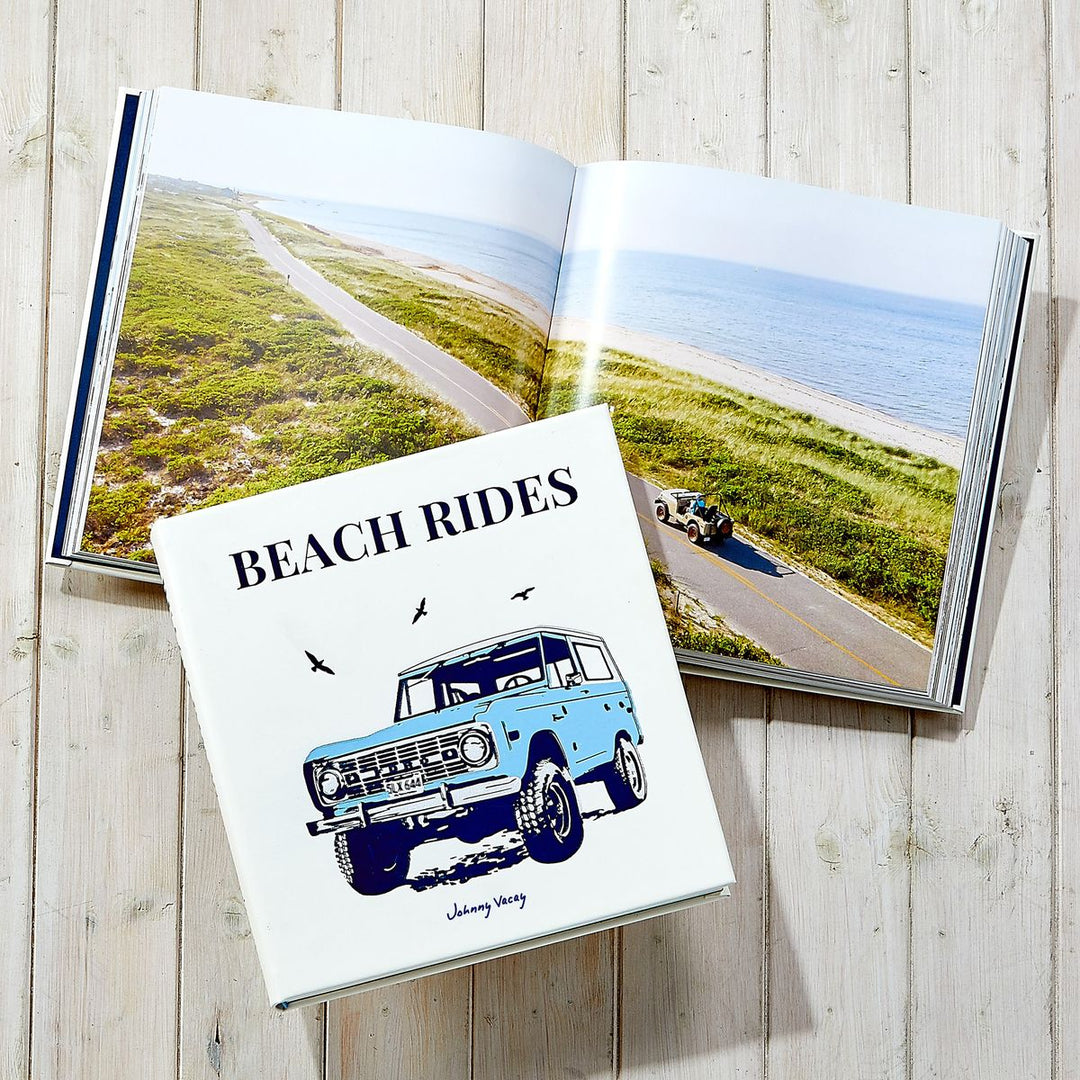 Open book with 'Beach Rides' cover and illustrations of a road and beach.
