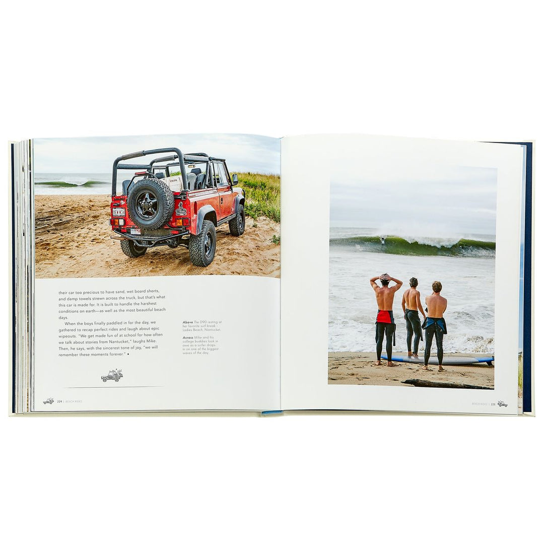 Open book showing a red off-road vehicle on a beach and people by a lake.