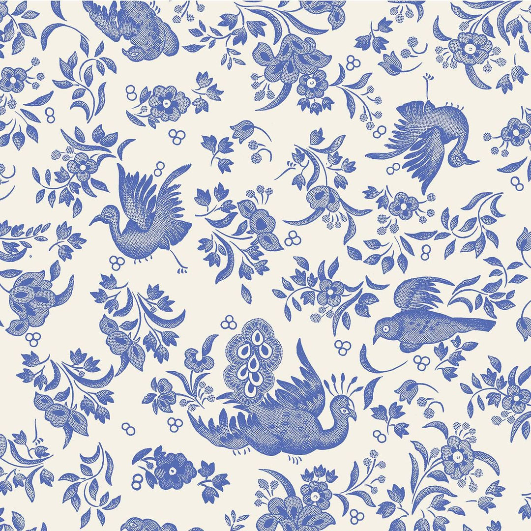 Blue floral and bird pattern on a white background