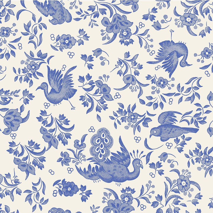 Blue floral and bird pattern on a white background