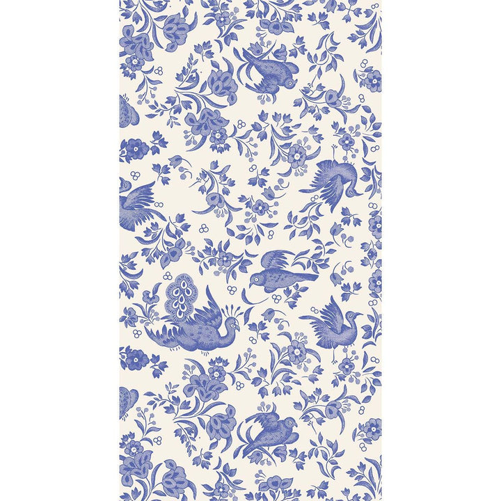 Blue floral and bird pattern on a white background
