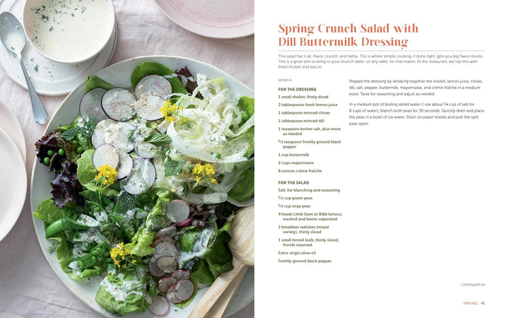 Spring Crunch Salad with Dill Buttermilk Dressing on a plate with a recipe card next to it.