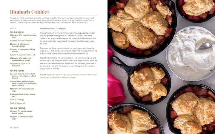 Recipe for rhubarb cobbler with baked cobbler portions and whipped cream on a white background.