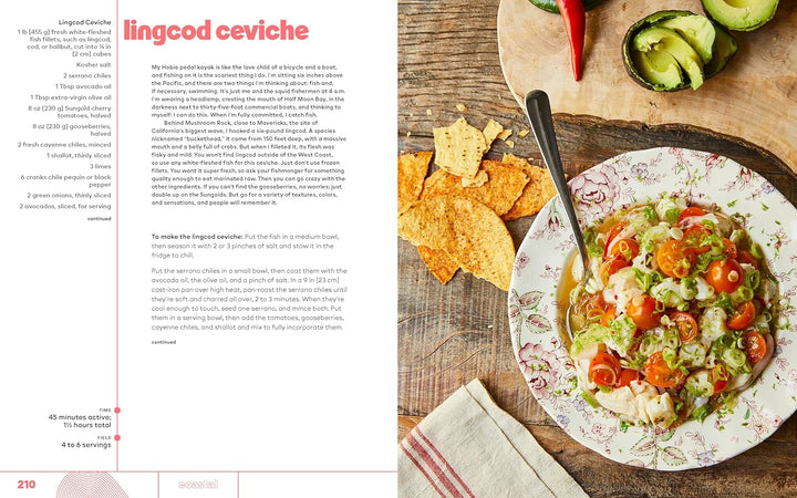 Lingcod ceviche on a plate with tortilla chips and a recipe on the left side.