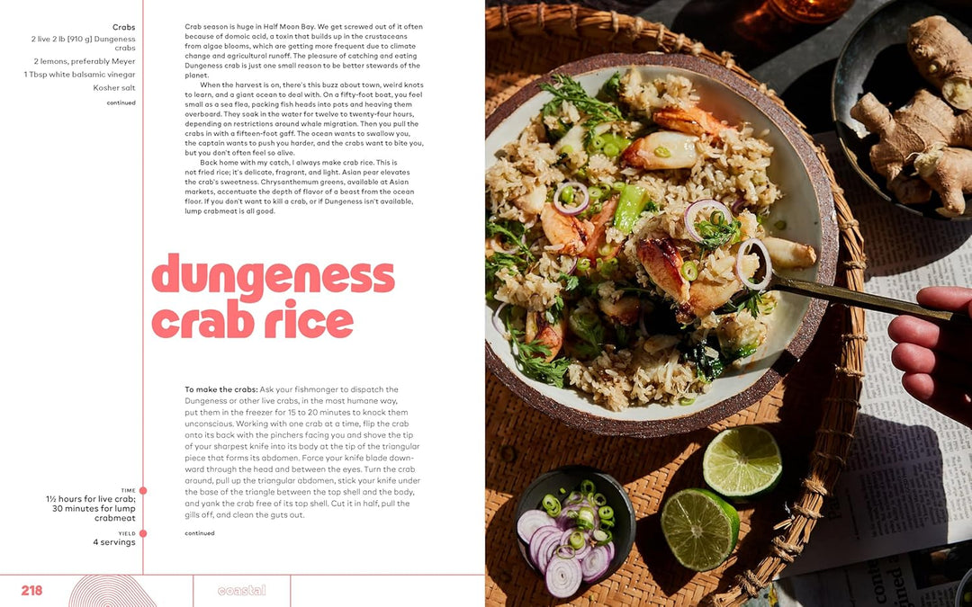 Dungeness crab rice dish with garnishes on a woven mat, next to a magazine page with text.