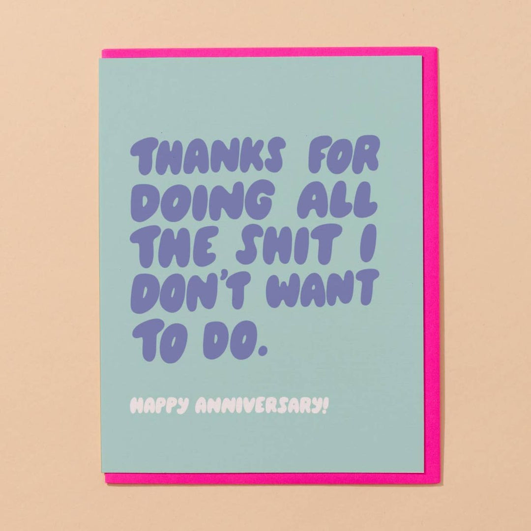 Card with humorous anniversary message on a beige background
