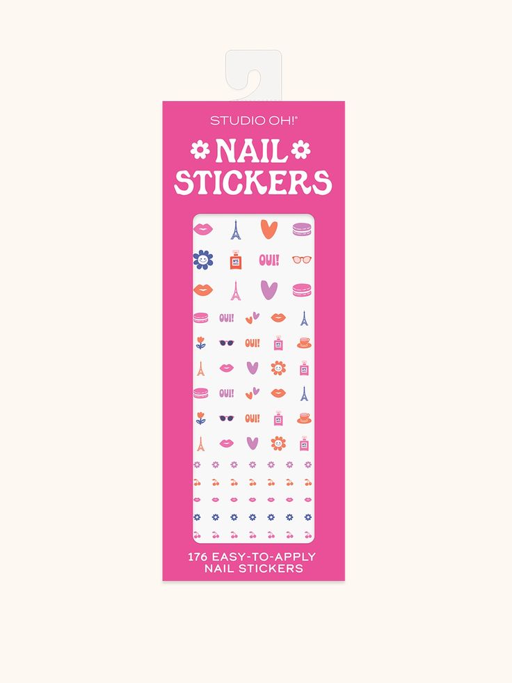 Pink packaging of Studio Oh nail stickers with designs on a white background