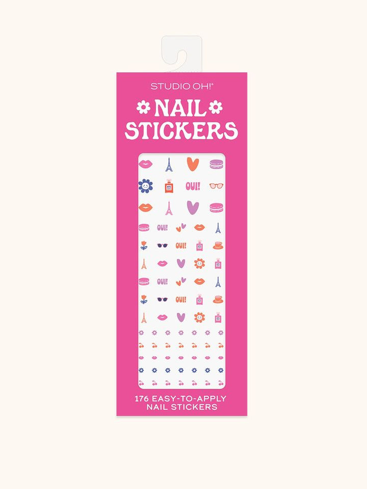 Pink packaging of Studio Oh nail stickers with designs on a white background