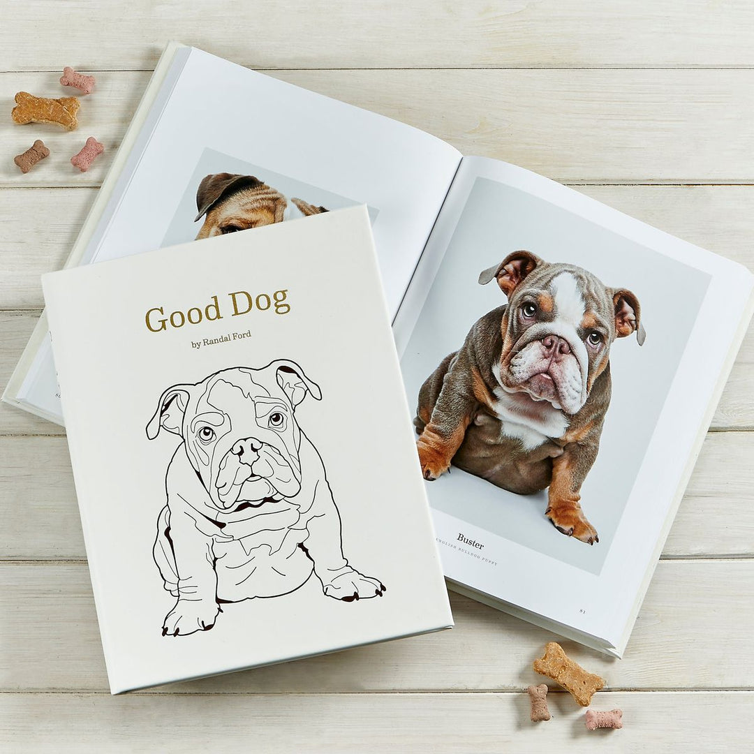 Two books on a wooden surface with illustrations of dogs and dog treats.