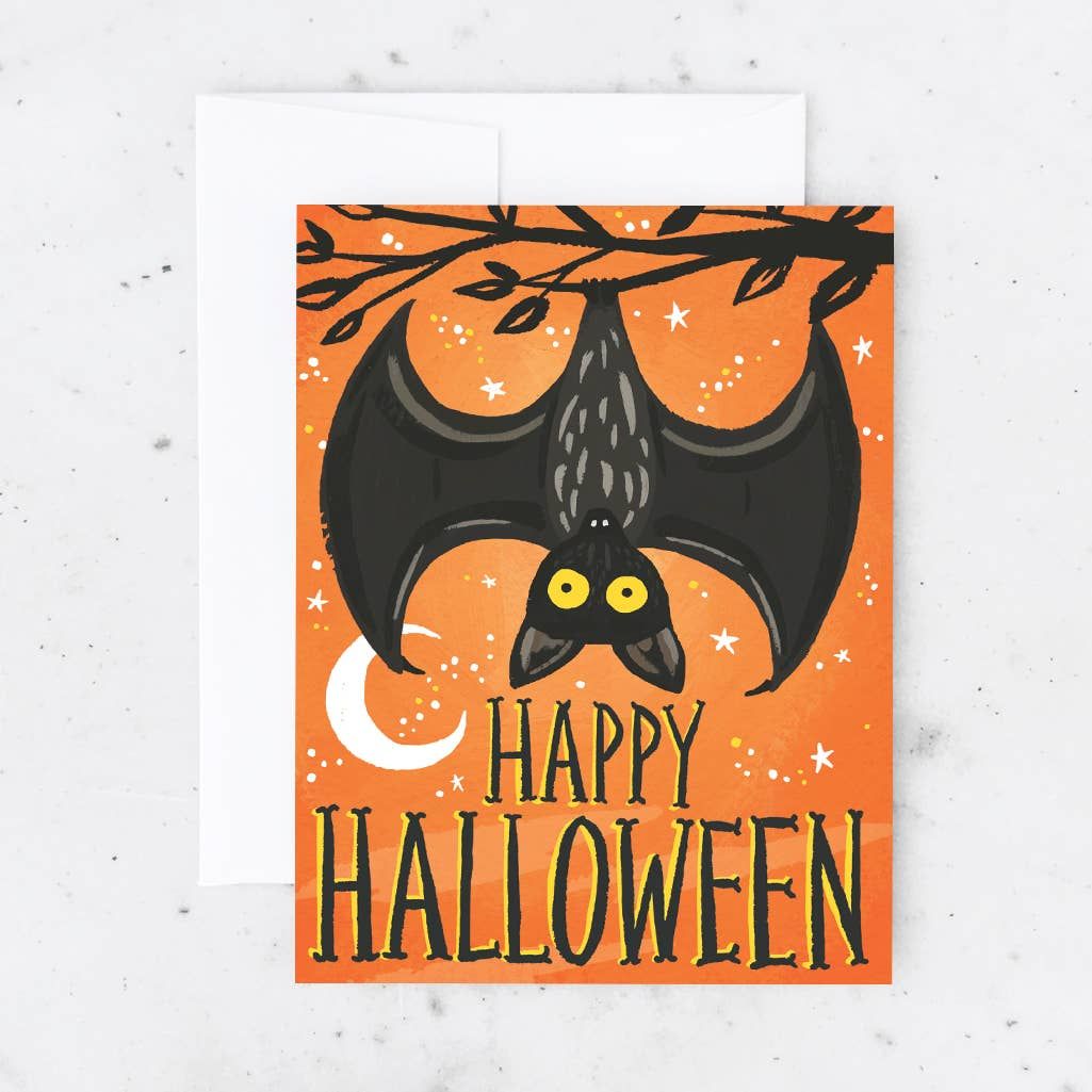 Halloween card with a bat and 'Happy Halloween' text on an orange background