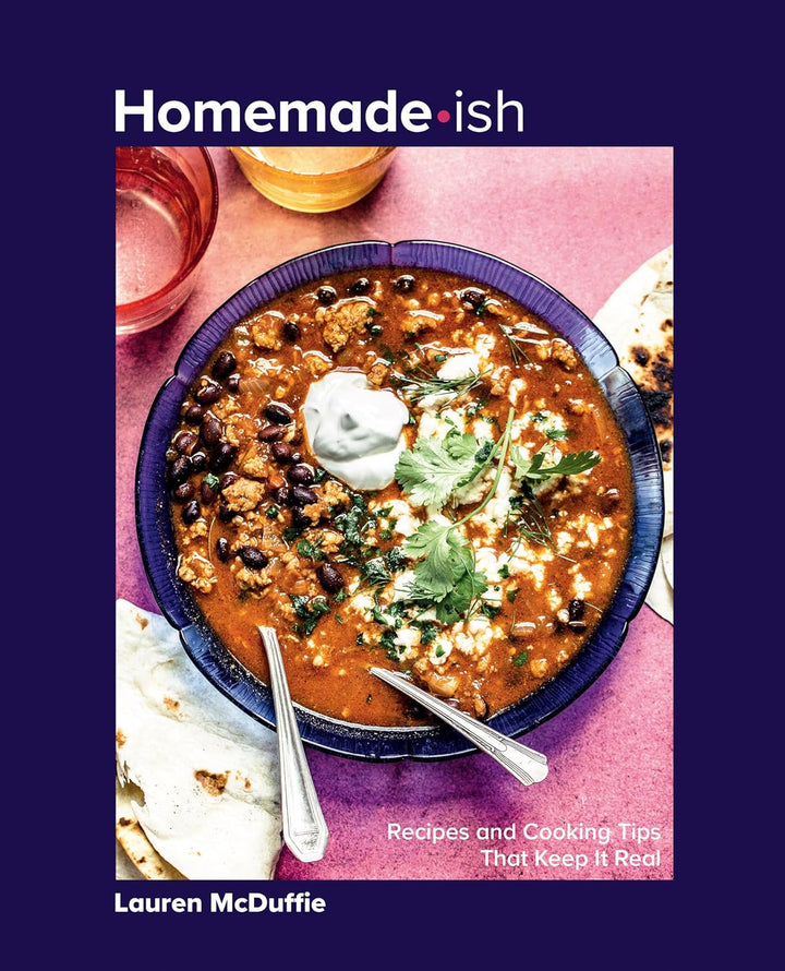 Book cover of 'Homemade-ish' with a bowl of soup and tortillas on a pink background