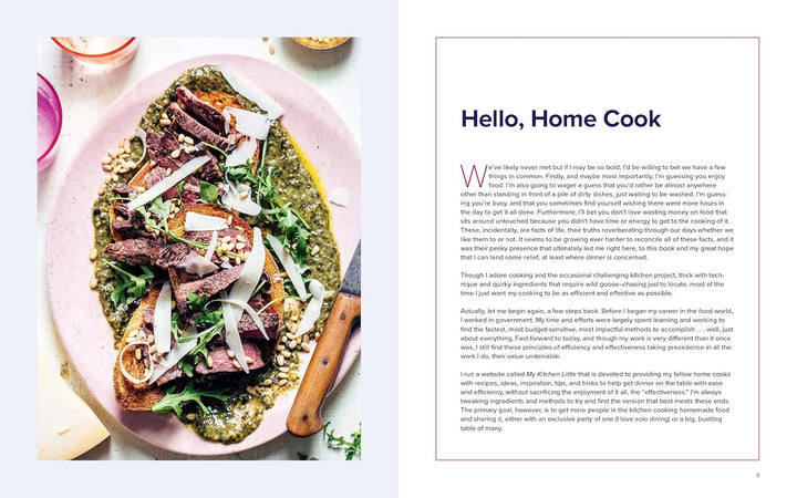 Plated dish of meat and vegetables with a knife on a pink plate, next to text on a white background.