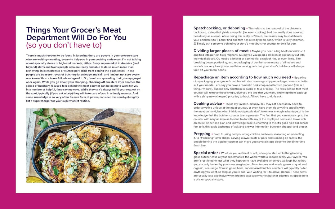 Two pages from a book or magazine with text and a dish on a pink background
