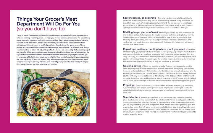 Two pages from a book or magazine with text and a dish on a pink background