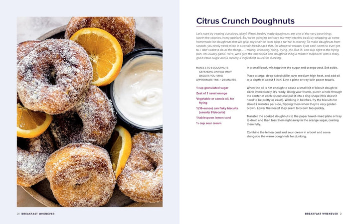 Citrus Crunch Doughnuts with oranges and cream cheese on a plate, accompanied by a recipe description.