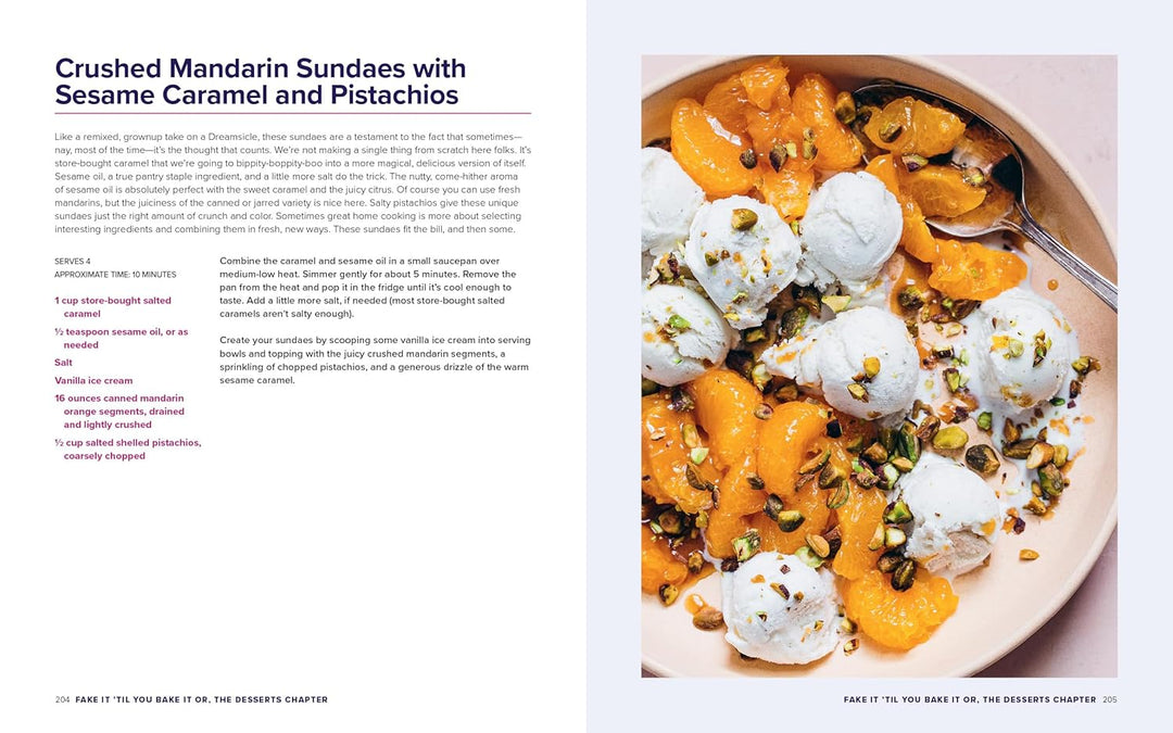 Crushed Mandarin Sundae with Sesame Caramel and Pistachios on a plate with text on the left