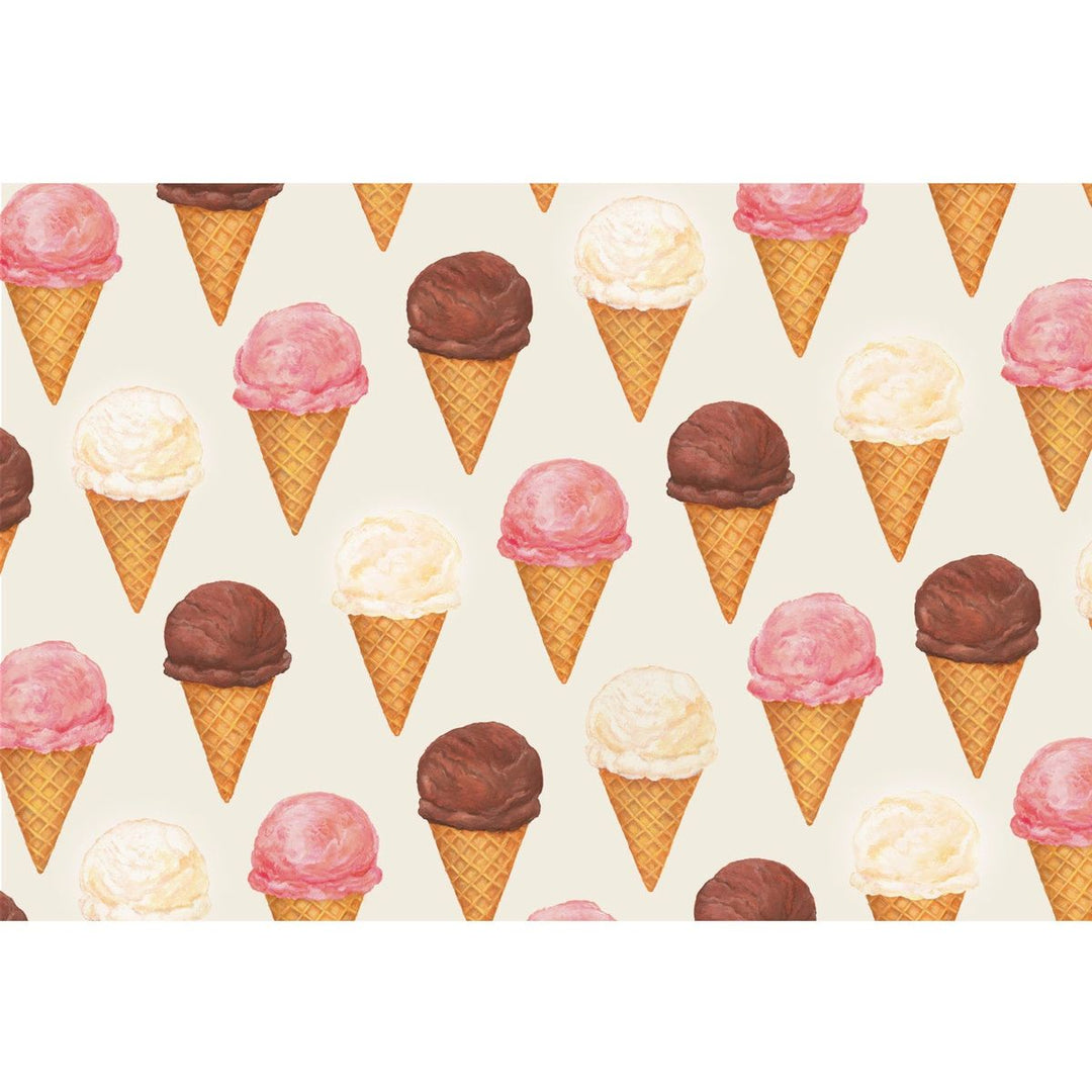 Pattern of ice cream cones with pink, chocolate, and vanilla scoops on a white background
