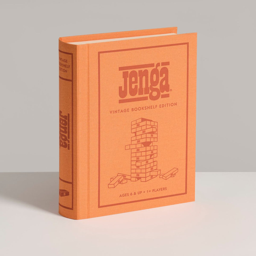 Jenga vintage bookshelf edition packaging on a gray background