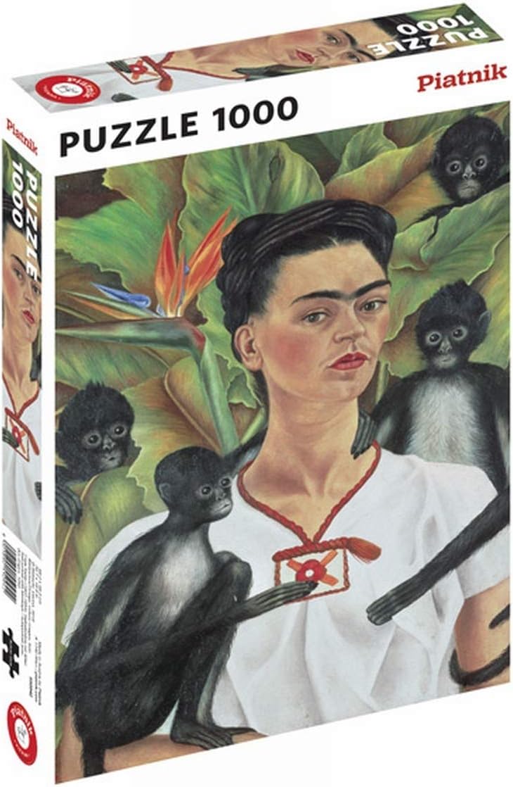 Frida Kahlo puzzle box with monkeys and plants on a white background