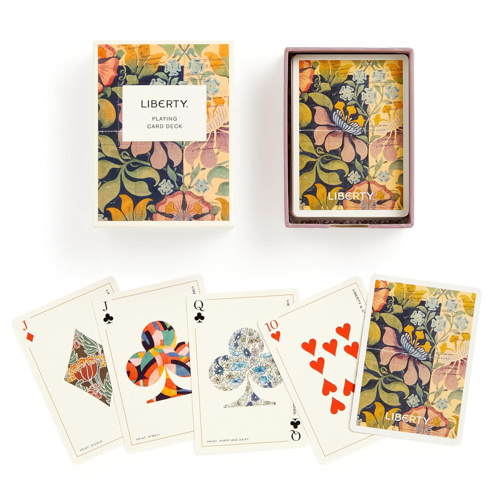 Liberty playing card deck with floral designs on a white background