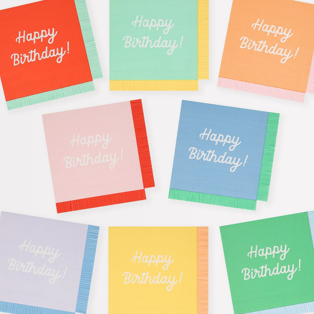 Colorful 'Happy Birthday!' napkins on a white background