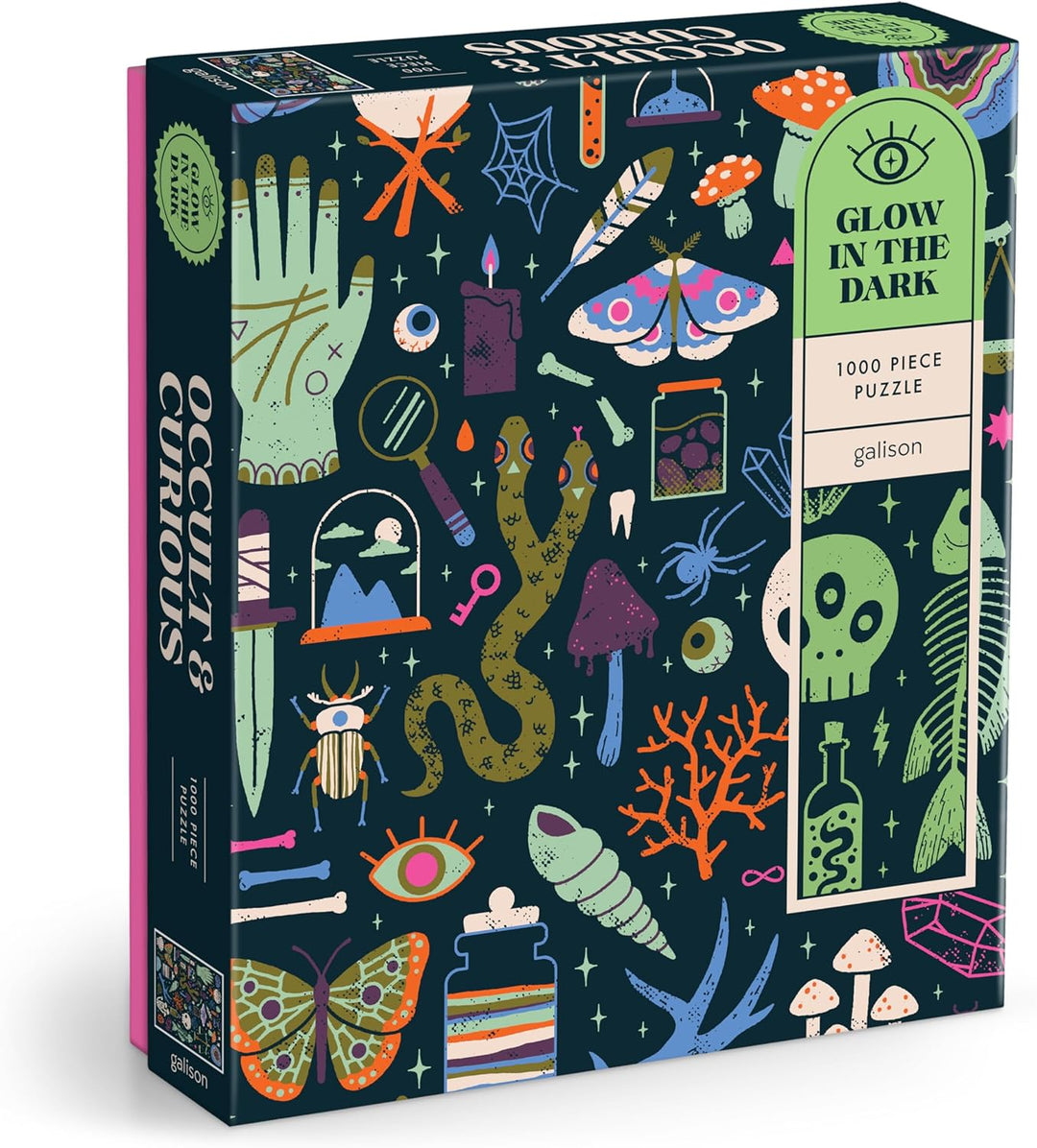 Glow-in-the-dark puzzle box with occult-themed design on a white background