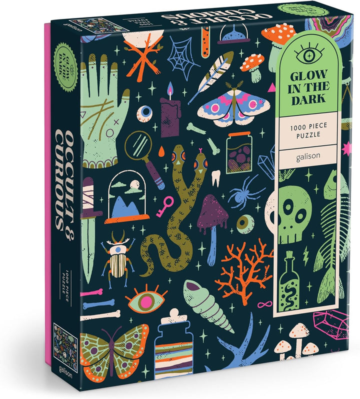 Glow-in-the-dark puzzle box with occult-themed design on a white background