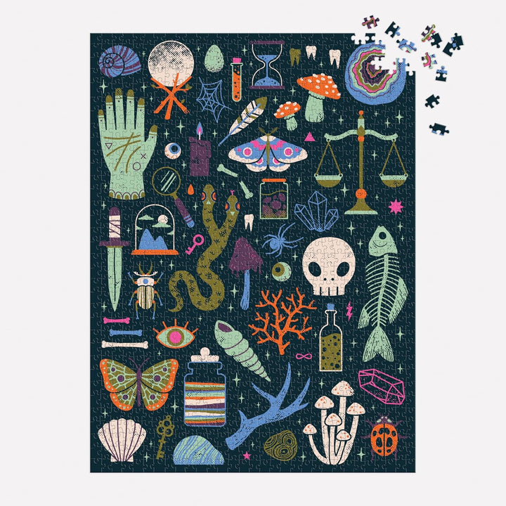 Colorful illustration of various mystical and natural elements on a dark background with puzzle pieces.