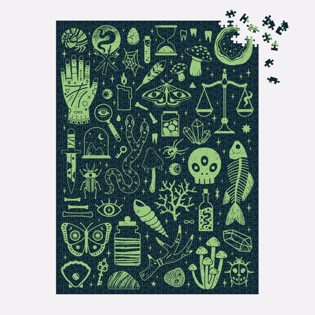 Jigsaw puzzle with green symbols on a dark blue background