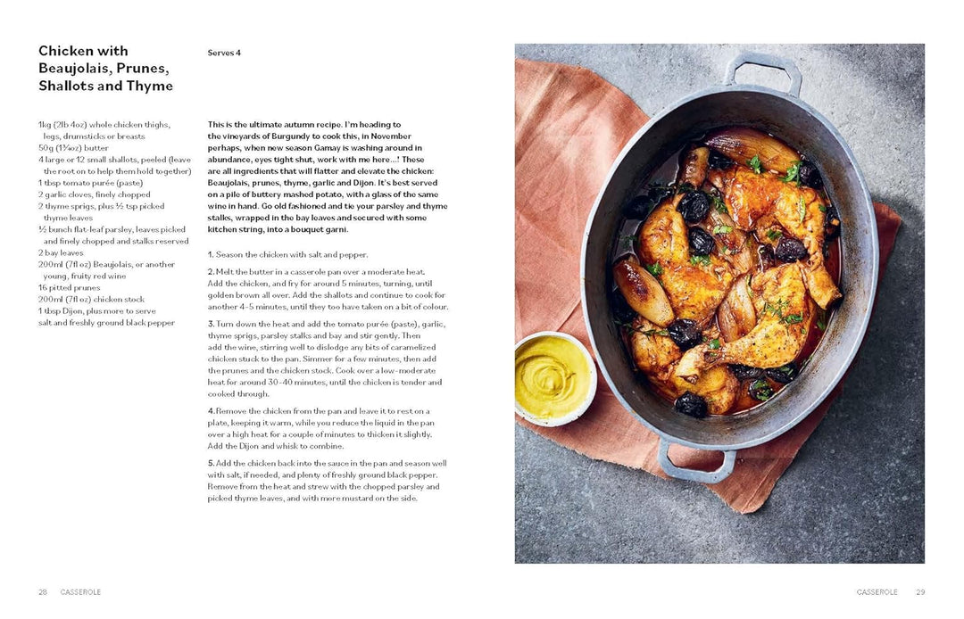 Cookbook page with a dish of chicken and vegetables in a pan, text on the left