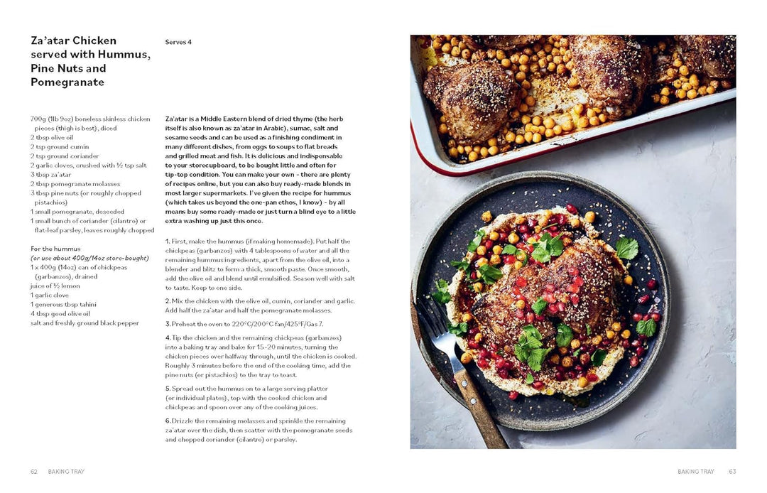 Recipe for Za'atar Chicken with Hummus, Pine Nuts, and Pomegranate on a magazine page.