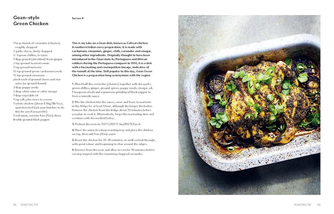 Cookbook page with a dish of 'Green Chicken' and text on the left.