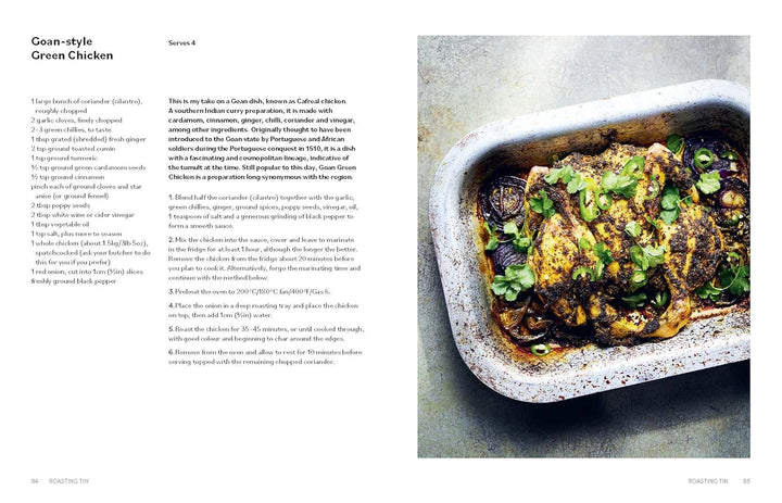 Cookbook page with a dish of 'Green Chicken' and text on the left.