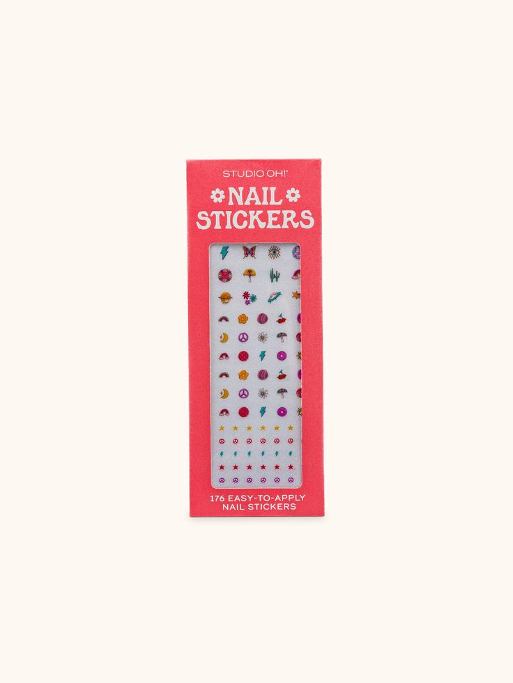 Box of nail stickers with colorful designs on a white background