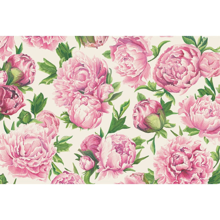 Pattern of pink peonies with green leaves on a light background