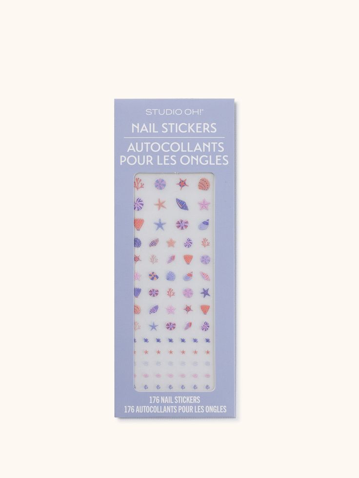 Pack of nail stickers with colorful designs on a light purple background