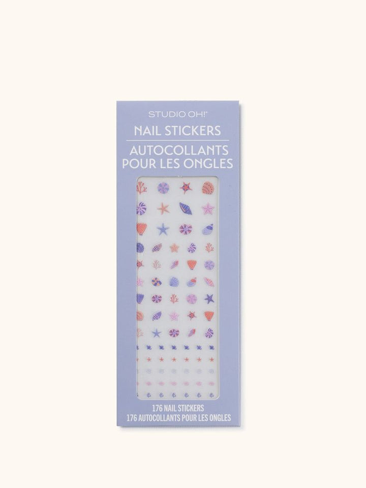 Pack of nail stickers with colorful designs on a light purple background