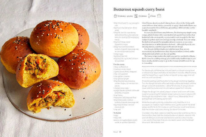 Butternut squash curry buns on a plate with a recipe description on the right.