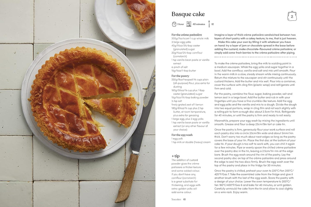 Basque cake on a plate with a knife, displayed alongside a recipe on a white background.