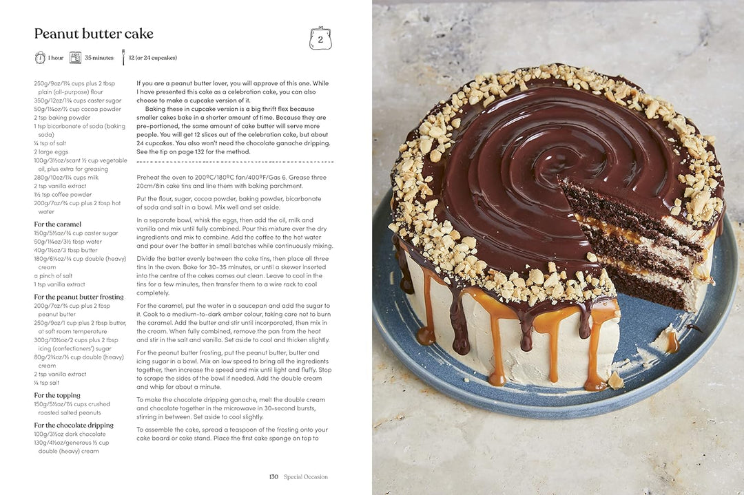 Chocolate peanut butter cake with a slice missing on a plate, next to recipe text.