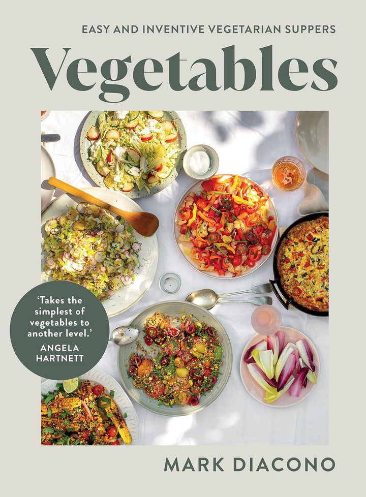 Book cover of 'Vegetables' by Mark Diacono with images of vegetable dishes.