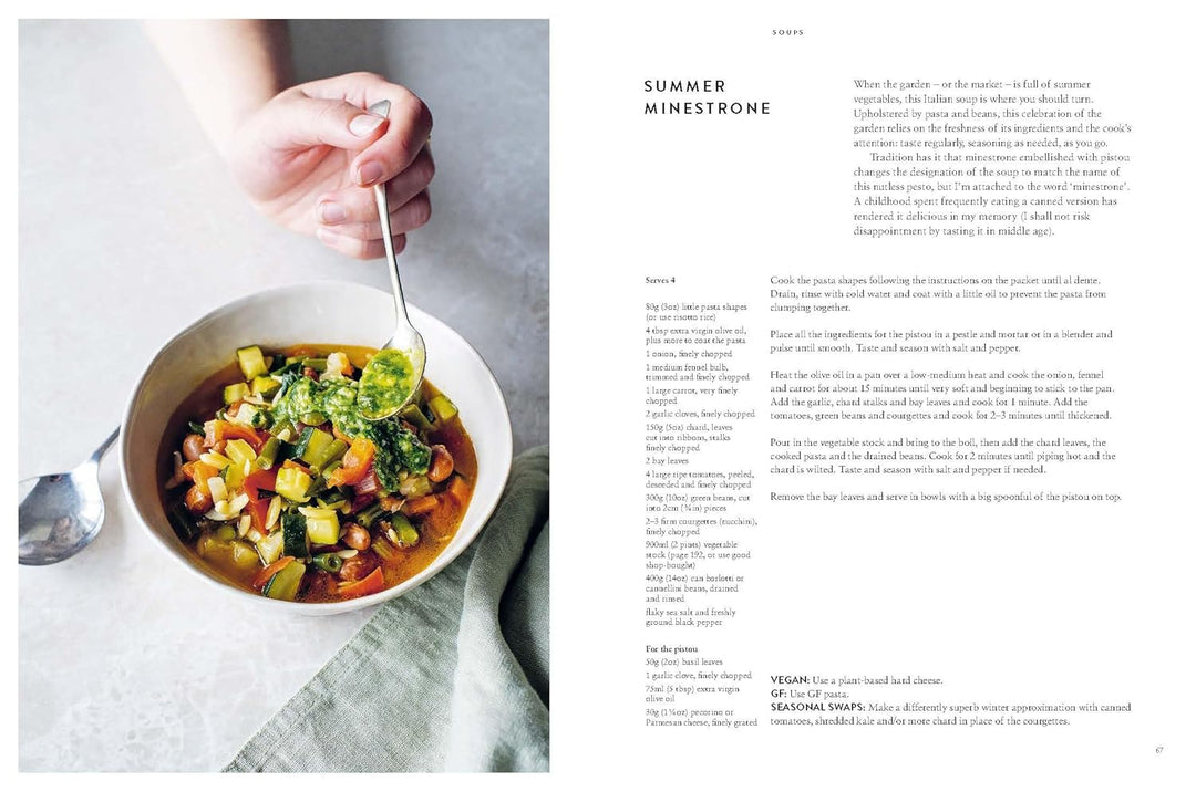 Bowl of minestrone soup with a hand holding a spoon, next to text on a white background