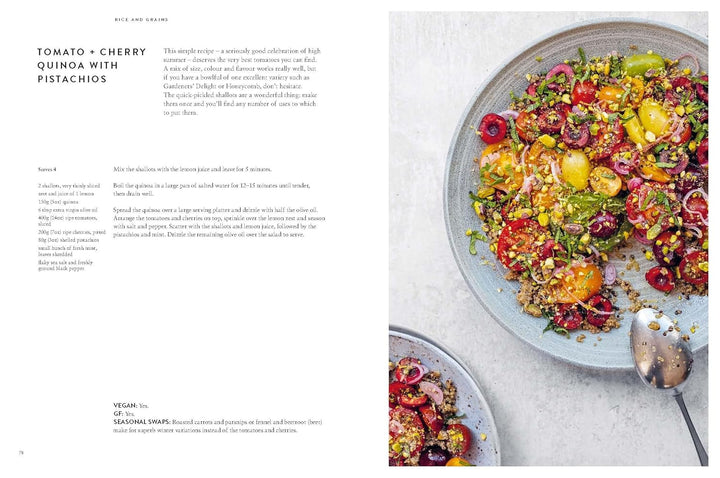 Colorful salad with quinoa and vegetables on a plate, accompanied by text.